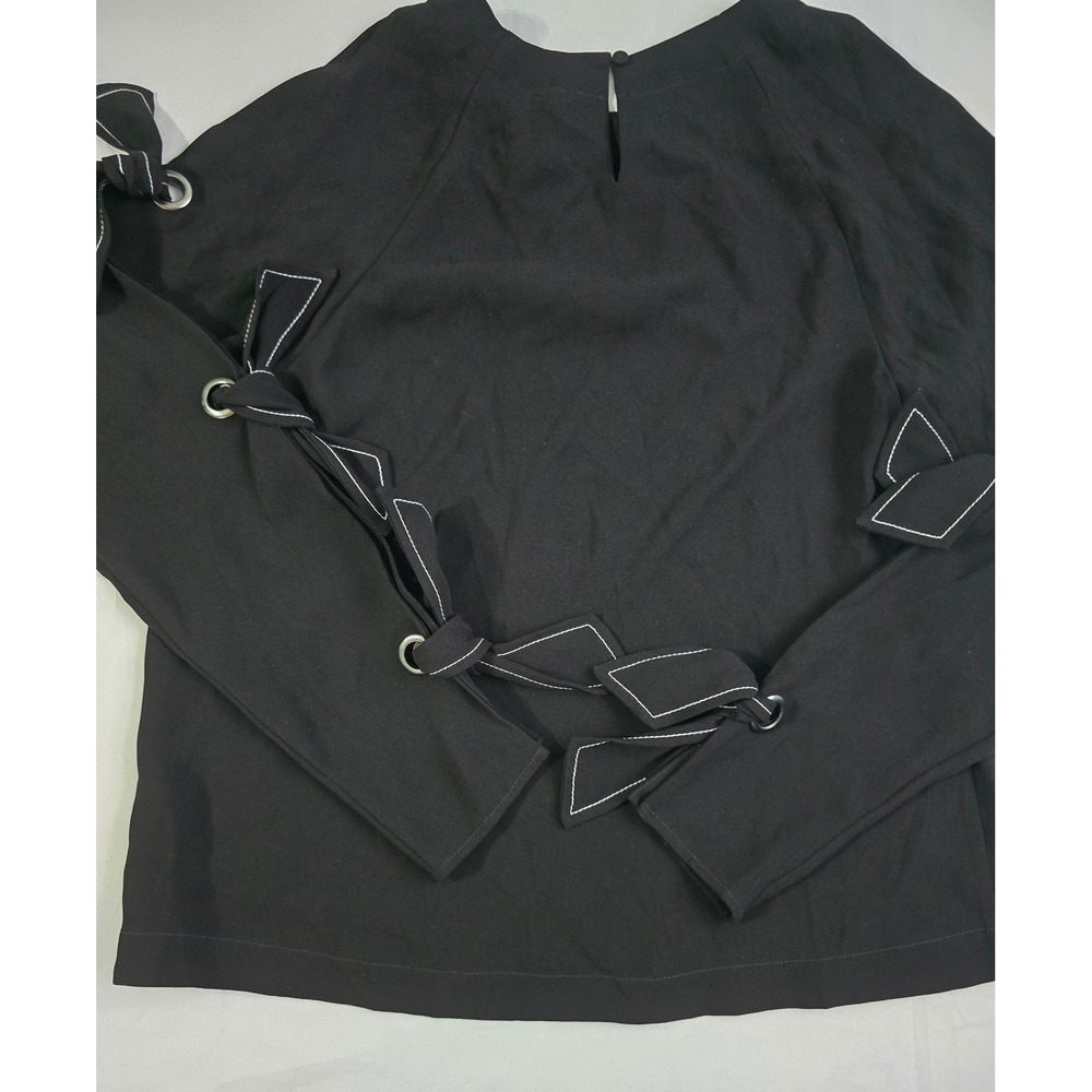 BCBGMAXAZRIA Black Grommet Tie Sleeve Blouse Crew Neck Top XS - Picture 12 of 16